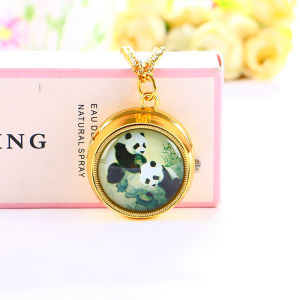 Cute Panda Pocket Watch Retro Flip Rotatable Necklace Pocket Watch Kids Primary School Student Boys and Girls Cartoon Watch