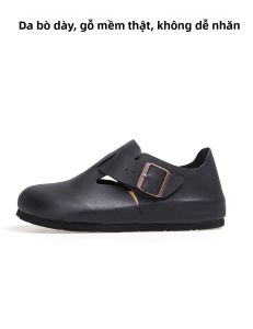 THEMULE | Giày Dép Trượt Đen Birken Stock Da & Sồi Mềm Đầu Rộng