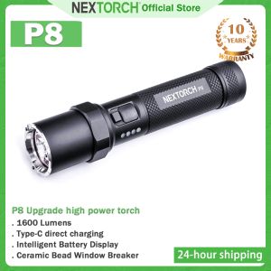 NEXTORCH P8 Rechargeable Flashlight High Lumens 1600 Lumens LED Police Flashlight with 5 Modes & Strobe & Ceramic Glass Breaker for Daily Use Night Duty Dog Walking Outdoor Adventure