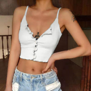 Solid Color Buttonwood Ear Sling Vest Pure Color Button Wood Ear Lingerie Crop Top Womens Street Style Summer Vest