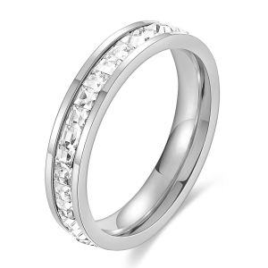 VQYSKO Square Zircon Stainless Steel Ring White Zircon Engagement Party Accessories Geometric Couple Custom Ring