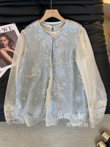 Blue Chinese Style Embroidered Sequin Womens Vest Summer New Style Layered Shirt Thin Mesh Tank Top Button Detail Floral Pattern