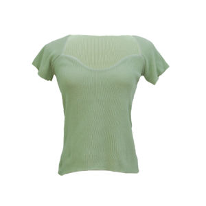 เสื้อถักแขนสั้นคอเหลี่ยมเข้ารูปไหล่ตรงสีเขียวสไตล์ฝรั่งเศสดูเป็นผู้ใหญ่ดีไซน์เรียบหรูแขนปีกนก