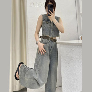 Womens Denim Vest Top Short Summer New Style Outerwear Shoulder Pad Wide Leg Jeans Two Piece Set Polo Collar Single Button Cotton