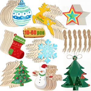 10-50Pcs Wooden Christmas Ornaments Unfinished Wood Slices with Holes Wooden Blanks Pendants for Kid DIY Craft Christmas Tree De