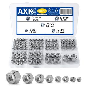 Bộ 180 Loại Đai Ốc Đa Năng Kích Thước 6-32 Đến 1/2-13 Chất Liệu Thép Không Gỉ 304 Kèm Bộ Khóa Nylon Dùng Cho Gia Công Kim Loại Và Các Dự Án DIY
