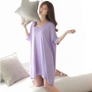 เซ็กซี่ผ้า Modal ชุดนอนฤดูร้อนสําหรับผู้หญิงคอวีแขนสั้นชุดนอนเสื้อยืดขนาดใหญ่ชุดสําหรับพักผ่อนที่บ้าน