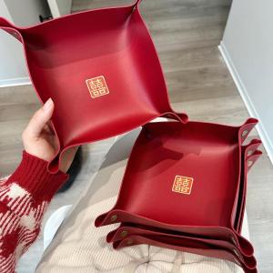 ชามเก็บของหนังสำหรับงานแต่งงานแบบพับได้ขนาดใหญ่ ชามเก็บของสำหรับตกแต่งบ้านสไตล์จีนแบบหกเหลี่ยม ชามเก็บของสำหรับขนมหวาน