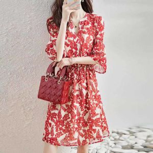 Summer New Style Commuter Floral Print A-Line Dress Womens High Waist Polyester Fiber V-Neck Mid-Length Skirt Commute Elegant