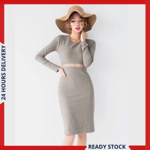 CFBOUTIQUE Korean Style Trendy Women Fashion Mesh Panel Ribbed Long Sleeve Midi Dress