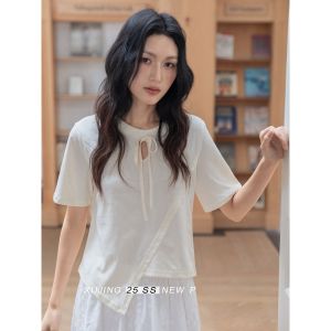 Summer Short Sleeve T-Shirt Womens Slim Fit Belted Top Peach Color Design Casual Style Pure Color round Neck Regular Length