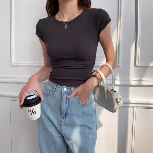 Áo Thun Nữ Tay Ngắn Màu Trơn Cá Tính Ngắn Thon Gọn Thiết Kế Eo Dài Vừa Vặn Mùa Hè Thường Ngày Cổ Tròn Chất Liệu Khác