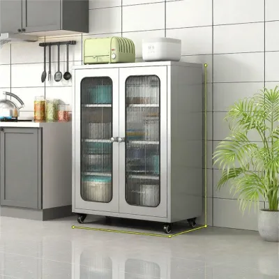 Modern Minimalist 304 Stainless Steel Cabinet Kitchen Storage Glass Door Multi-layer Mobile Cabinet Home Use Dining Room Furniture