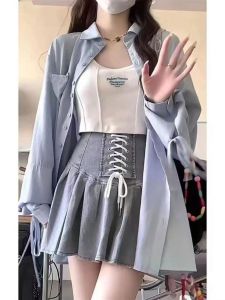 Salt Series Autumn Outfit Three-Piece Set Gentle Girl Student Strap Blue Shirt Bow Tie Jeans Skirt Short Skirt Ensemble