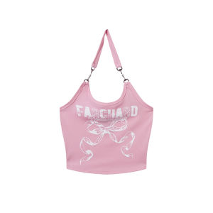 Summer New Style Hot Girl Neck Hanging Strap Vest Womens Butterfly Knot Pure Desire Slim Fit T-Shirt Ins Short Length Printed Original Design