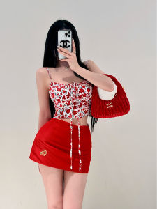 เสื้อกั๊กสายเดี่ยวลายดอกไม้หวานและเผ็ดร้อนสำหรับผู้หญิงในฤดูร้อน Pure Desire Style แขนสั้น ผูกเชือก ใส่ได้ทั้งในและนอกบ้าน