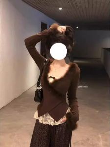 Áo Len Dệt Kim Cỡ Lớn Áo Sơ Mi Lót Trong Áo Khoác Cổ Lông Áo Thun Dài Tay Mùa Thu Đông Mới Áo Thun Cổ Chữ V Màu Trơn