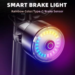 Smart Brake Sensing Light Colorful Bicycle Rear Light LED Night Safety Warning Light Type-C Rechargeable Bike Accessories