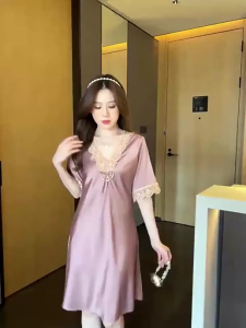 Ice Silk Sleepwear Womens Summer Short Sleeve Lace Trim Sensual Fashion Home Clothes 2025 New Style V-neck Mid-length