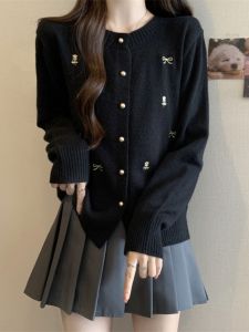 Black Knitted Cardigan Womens Sweater with Embroidered Butterfly Knot Flower Design Autumn Chic Top for plus Size Fashion