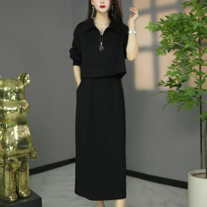 MAIMEI | Fashionable Anti-Aging Two-Piece Set Dress Womens Autumn Clothes New Young Mom Casual Sports Suit Skirt Polyester Fiber A-Line Skirt Long Sleeve Mid-Length Polo Collar A-Frame 3D Effect