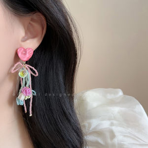 Mint Flower Tassel Beaded Earrings Womens Beach Vacation Dopaamine Ear Studs Suitable for Summer Ear Jewelry