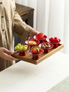 Red Ceramic High Footed Tea Time Dessert Plate Wedding Engagement Fruit Tray Home Living Room Decorative Plate Cloud Sea Pattern