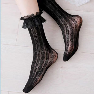 Womens Summer Spring Cotton Socks Black Jk Bow Sweet Mid-leg Calf Socks Sweet Style Girls Gift Thin White Lolita Lace Stocking