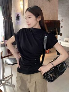 Black Stand Collar Short Sleeve T-Shirt Womens Fashionable Half High Collar Top Korean Style Cotton Summer New Arrival