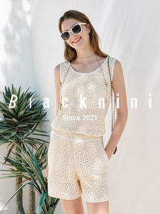 Blacknini Shiny Sequin Hollow Knitted U-Neck Vest/Shorts Set Ultra-Thin Summer Vacation Style Womens Outerwear