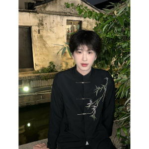 OUMULONG | Green Bamboo Embroidered Chinese Style Mens Suit Jacket