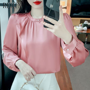 REHIN French satin ruffle new spring round collar solid color long sleeve shirt bubble sleeve elegant women blouse