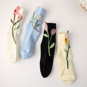 Womens Cotton Socks Spring Summer Autumn Pure Cotton Mid-Calf Plant Floral Pattern Original Design Breathable Sweat Absorbent