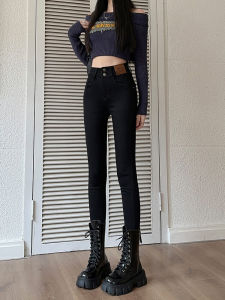 Black Fleece Lined Slim Fit High Waist Denim Jeans Womens 2024 New Autumn Winter Pencil Pants Cotton Stretch Fabric Anti-Wrinkle