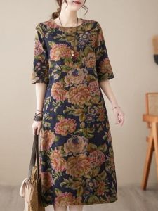 NUANKONG | Printed Ethnic Style Mid-Length Dress Large Size Spring Summer New