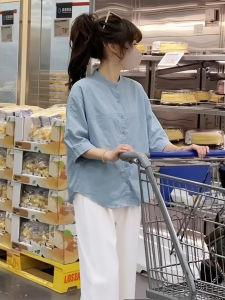 Loose Slim White Round Neck Seven-seventh Sleeve Shirt