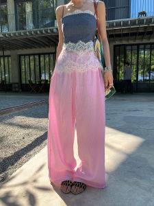 DULA Summer Loose Wide Leg Pants Womens Thin Drawstring High Waist Draping Floor-Length Trousers Pink Comfortable Casual Pants