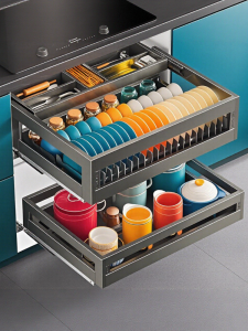 Three-Layer Kitchen Cabinet Built-In Pot Holder Drawer Type 304 Stainless Steel Utensil Storage Rack Integrated Design