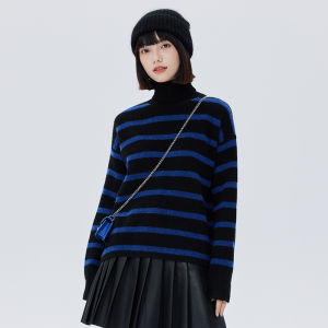 Shuen High Neck Long Sleeve Womens Knitted Sweater Wool Blend Color Block Striped Design Casual Comfortable Spring Autumn