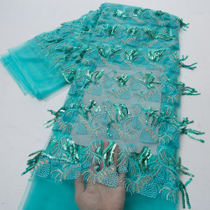 Luxury Blue African Tulle Mesh Lace Fabric 3D Tassel Sequins Embroidery Nigerian Net Lace For Wedding Party Dress 5Yards