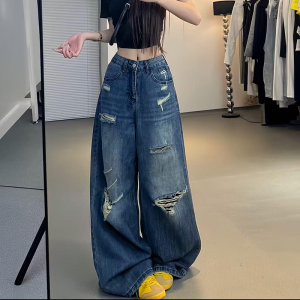 Quần Jeans Denim Ống Rộng Cạp Cao Cho Nữ Quần Dài Đến Sàn Kiểu Dáng Thẳng Phong Cách Đường Phố Cổ Điển Quần Dài Cho Người Cao Cấp