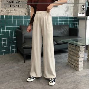 QDshop กางเกงแฟชั่นขายาวเอวสม็อค 6 สี ผ้าลื่นนิ่ม เบาสวมใส่สบาย โทนสีพื้นลายริ้ว