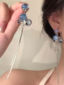 Klein Blue Bubble Tassel Earrings Vintage Cool Long Face Slimming Bead round Drop Earrings Women Fashion Jewelry Accessories