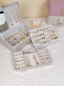💍Luxurious 3 layer Jewelry box with light 3color 4K HD mirror PU Leather Elegant Multifunction Large Earring Storage Box Ring Necklace jewelry organizer