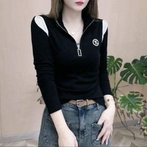 Slimming Fashionable Casual Zipper Half High Collar Shoulder Bared Base Layer Long Sleeve Top New Arrival Autumn 2025