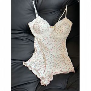 Sweet French Girl Floral Print Onesie with Chest Pad Pure Desire Lace Home Clothes Short Skirt V-neck Polyester Spring Youth