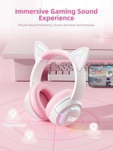 Cute Pink Cat-Ear Bluetooth Gaming Headset with Microphone
