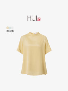 HUI Silk Short Sleeve T-Shirt Stand Collar Drop Shoulder Chinese Style True Silk Shirt Commute Style Universal Fit Daily Wear