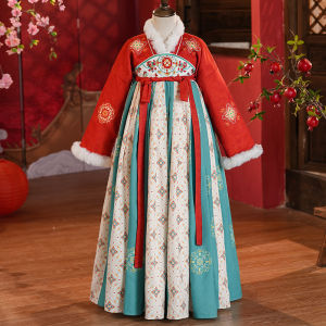 Autumn Winter Girls Hanfu Dress Fleece Lined New Year Visit Costume Childrens Ancient Fashion Long Sleeve Solid Color