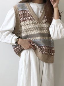 เสื้อกั๊กสเวตเตอร์แขนกุดคอวีลายหิมะสำหรับผู้หญิง ฤดูใบไม้ร่วง/ฤดูหนาว เสื้อคลุมกันหนาวแบบสวมหัว สไตล์ย้อนยุค ถัก
